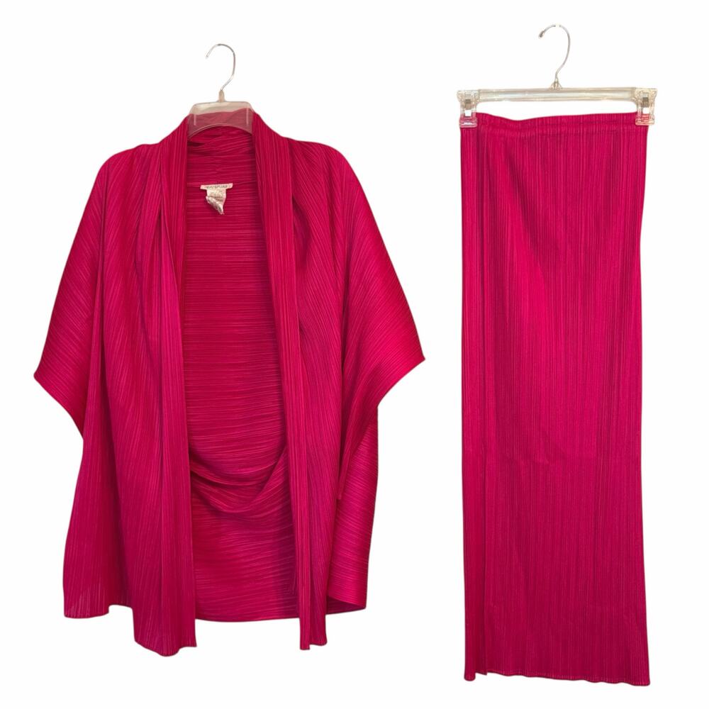 Pleats Please Issey Miyake Bright Pink Open Jacket + Skirt Outfit Set 3 (S/M)